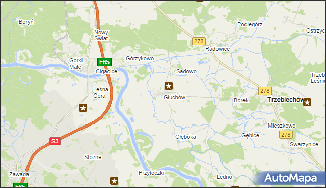 mapa Głuchów gmina Trzebiechów, Głuchów gmina Trzebiechów na mapie Targeo