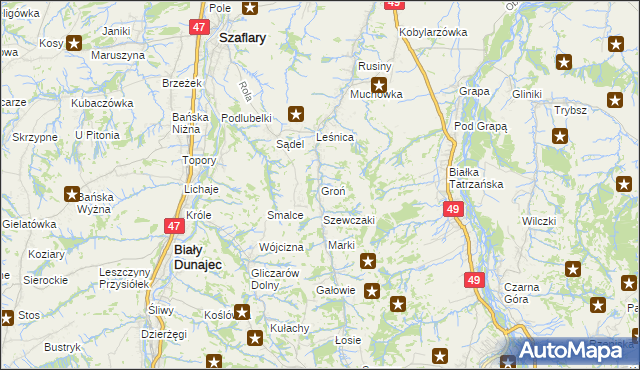 mapa Groń gmina Bukowina Tatrzańska, Groń gmina Bukowina Tatrzańska na mapie Targeo