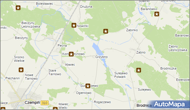 mapa Grzybno gmina Brodnica, Grzybno gmina Brodnica na mapie Targeo