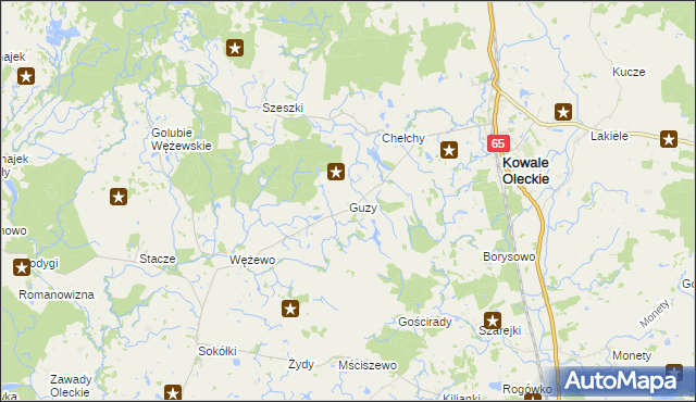mapa Guzy gmina Kowale Oleckie, Guzy gmina Kowale Oleckie na mapie Targeo