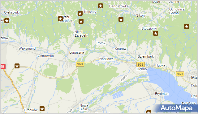mapa Harklowa gmina Nowy Targ, Harklowa gmina Nowy Targ na mapie Targeo