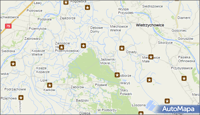 mapa Jadowniki Mokre gmina Wietrzychowice, Jadowniki Mokre gmina Wietrzychowice na mapie Targeo