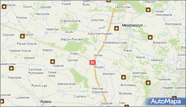 mapa Janów gmina Młodzieszyn, Janów gmina Młodzieszyn na mapie Targeo
