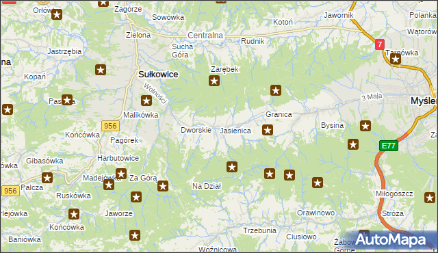 mapa Jasienica gmina Myślenice, Jasienica gmina Myślenice na mapie Targeo