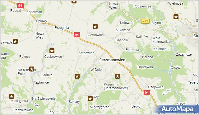 mapa Jerzmanowice gmina Jerzmanowice-Przeginia, Jerzmanowice gmina Jerzmanowice-Przeginia na mapie Targeo