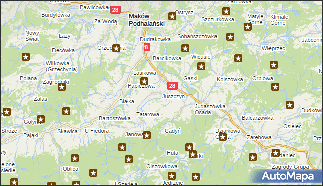 mapa Juszczyn gmina Maków Podhalański, Juszczyn gmina Maków Podhalański na mapie Targeo