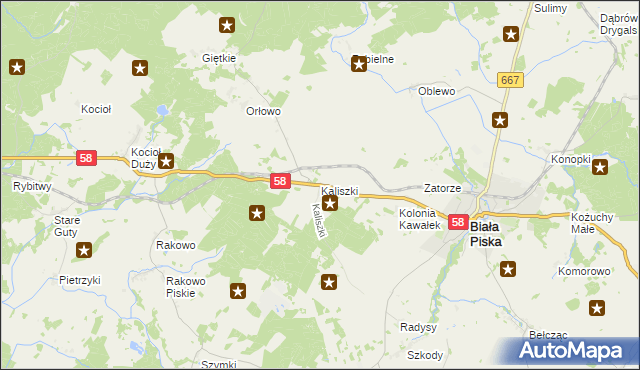 mapa Kaliszki gmina Biała Piska, Kaliszki gmina Biała Piska na mapie Targeo