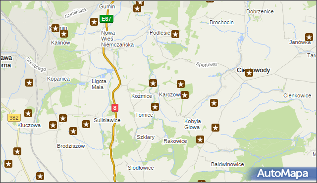 mapa Karczowice gmina Ciepłowody, Karczowice gmina Ciepłowody na mapie Targeo