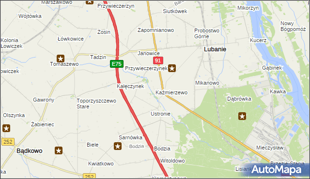 mapa Kaźmierzewo gmina Lubanie, Kaźmierzewo gmina Lubanie na mapie Targeo