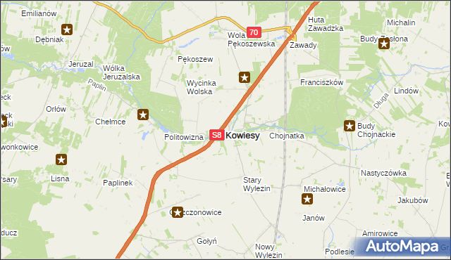 mapa Kowiesy powiat skierniewicki, Kowiesy powiat skierniewicki na mapie Targeo