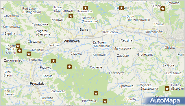 mapa Kozłówek gmina Wiśniowa, Kozłówek gmina Wiśniowa na mapie Targeo