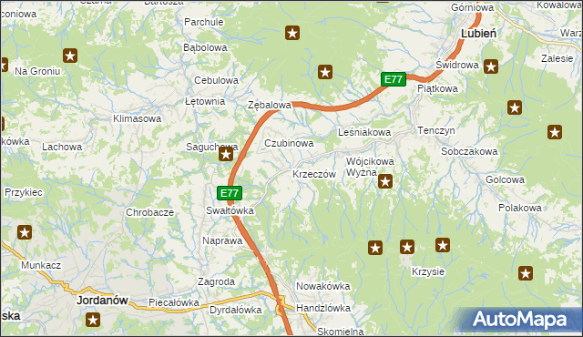 mapa Krzeczów gmina Lubień, Krzeczów gmina Lubień na mapie Targeo