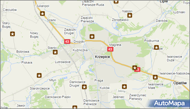 mapa Krzepice powiat kłobucki, Krzepice powiat kłobucki na mapie Targeo