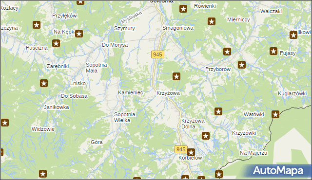 mapa Krzyżowa gmina Jeleśnia, Krzyżowa gmina Jeleśnia na mapie Targeo