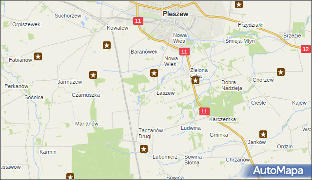 mapa Łaszew gmina Pleszew, Łaszew gmina Pleszew na mapie Targeo