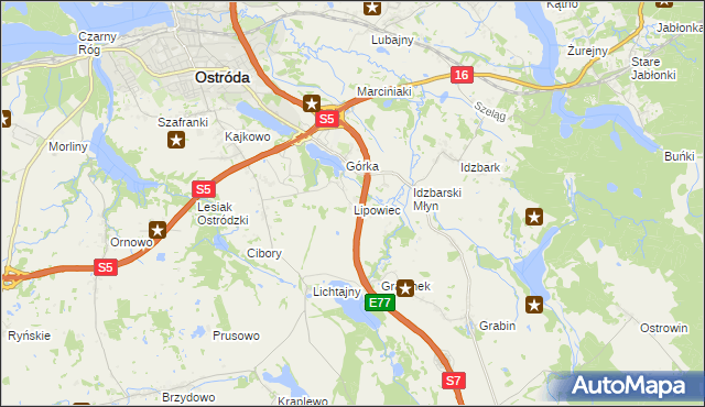 mapa Lipowiec gmina Ostróda, Lipowiec gmina Ostróda na mapie Targeo