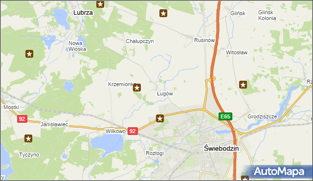 mapa Ługów gmina Świebodzin, Ługów gmina Świebodzin na mapie Targeo