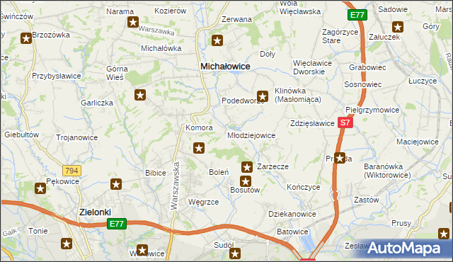 mapa Młodziejowice gmina Michałowice, Młodziejowice gmina Michałowice na mapie Targeo