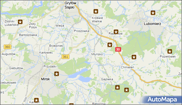 mapa Młyńsko gmina Gryfów Śląski, Młyńsko gmina Gryfów Śląski na mapie Targeo