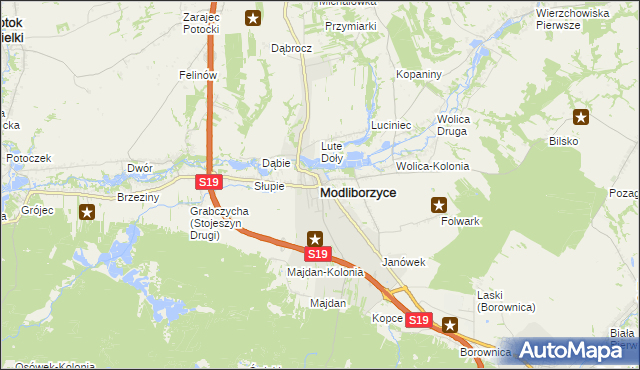 mapa Modliborzyce powiat janowski, Modliborzyce powiat janowski na mapie Targeo