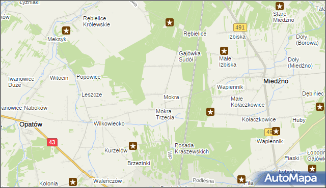 mapa Mokra gmina Miedźno, Mokra gmina Miedźno na mapie Targeo