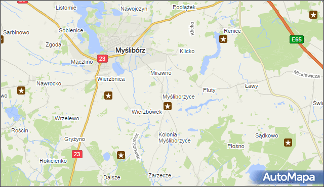 mapa Myśliborzyce gmina Myślibórz, Myśliborzyce gmina Myślibórz na mapie Targeo