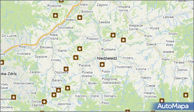 mapa Niedźwiedź powiat limanowski, Niedźwiedź powiat limanowski na mapie Targeo