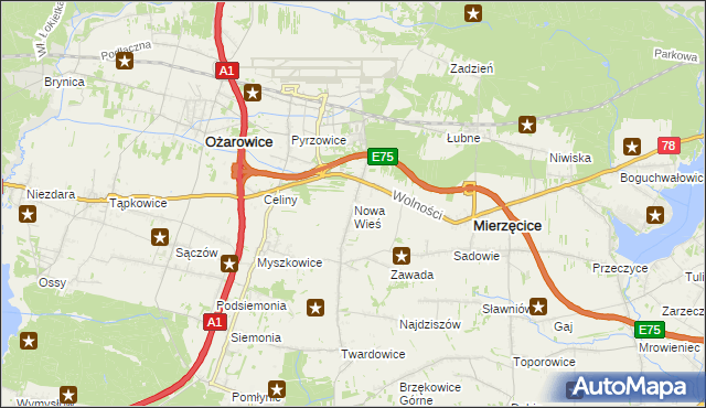mapa Nowa Wieś gmina Mierzęcice, Nowa Wieś gmina Mierzęcice na mapie Targeo