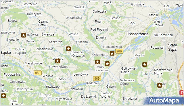 mapa Olszanka gmina Podegrodzie, Olszanka gmina Podegrodzie na mapie Targeo