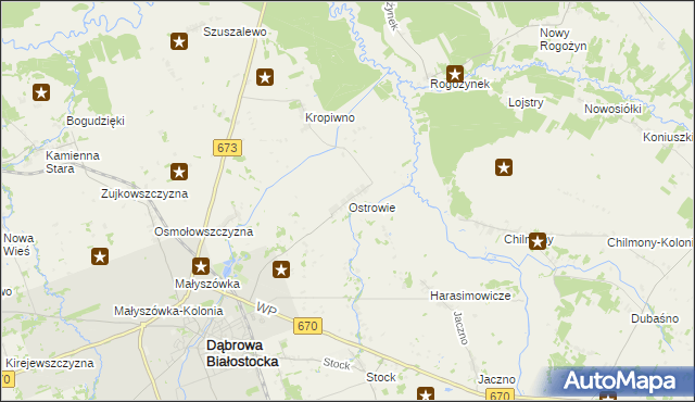 mapa Ostrowie gmina Dąbrowa Białostocka, Ostrowie gmina Dąbrowa Białostocka na mapie Targeo