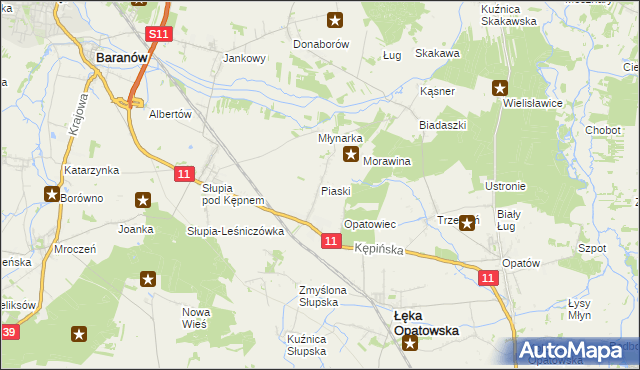 mapa Piaski gmina Łęka Opatowska, Piaski gmina Łęka Opatowska na mapie Targeo