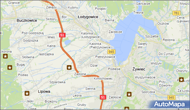 mapa Pietrzykowice gmina Łodygowice, Pietrzykowice gmina Łodygowice na mapie Targeo