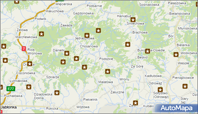 mapa Podszkle gmina Czarny Dunajec, Podszkle gmina Czarny Dunajec na mapie Targeo