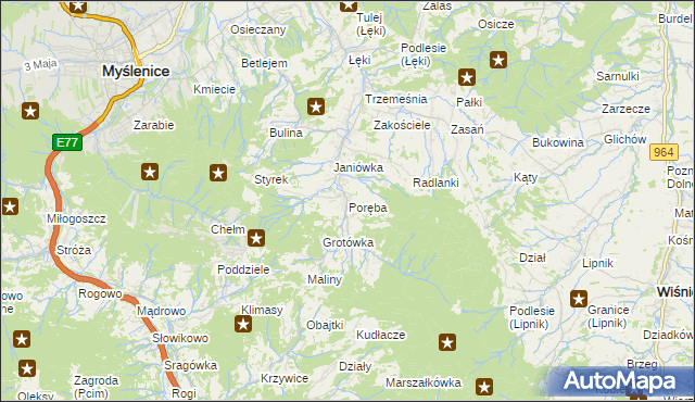 mapa Poręba gmina Myślenice, Poręba gmina Myślenice na mapie Targeo