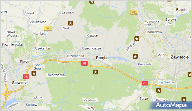 mapa Poręba powiat zawierciański, Poręba powiat zawierciański na mapie Targeo
