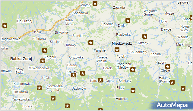 mapa Poręba Wielka gmina Niedźwiedź, Poręba Wielka gmina Niedźwiedź na mapie Targeo