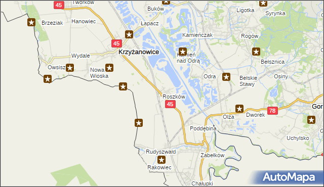 mapa Roszków gmina Krzyżanowice, Roszków gmina Krzyżanowice na mapie Targeo