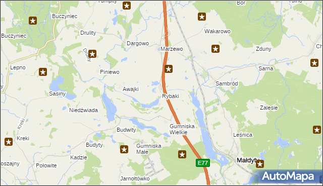 mapa Rybaki gmina Małdyty, Rybaki gmina Małdyty na mapie Targeo