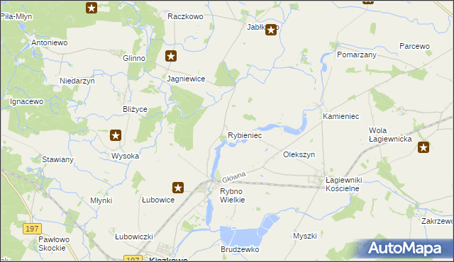 mapa Rybieniec gmina Kiszkowo, Rybieniec gmina Kiszkowo na mapie Targeo