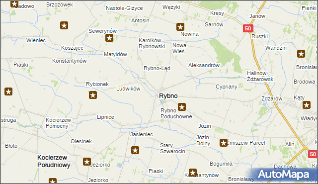 mapa Rybno powiat sochaczewski, Rybno powiat sochaczewski na mapie Targeo