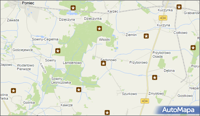 mapa Sarbinowo gmina Poniec, Sarbinowo gmina Poniec na mapie Targeo