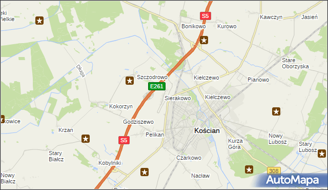 mapa Sierakowo gmina Kościan, Sierakowo gmina Kościan na mapie Targeo