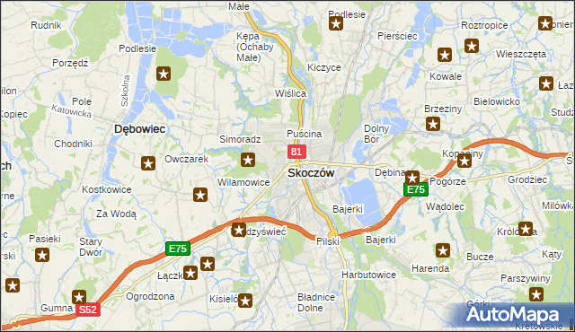 mapa Skoczów powiat cieszyński, Skoczów powiat cieszyński na mapie Targeo