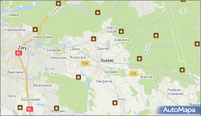 mapa Suszec powiat pszczyński, Suszec powiat pszczyński na mapie Targeo