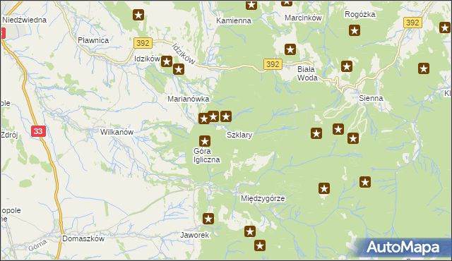 mapa Szklary gmina Bystrzyca Kłodzka, Szklary gmina Bystrzyca Kłodzka na mapie Targeo