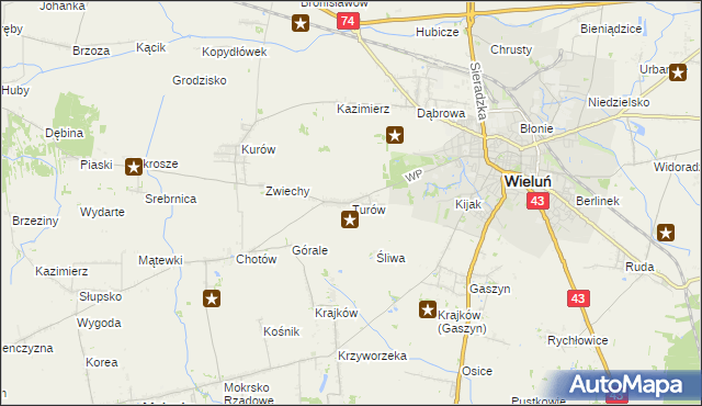 mapa Turów gmina Wieluń, Turów gmina Wieluń na mapie Targeo