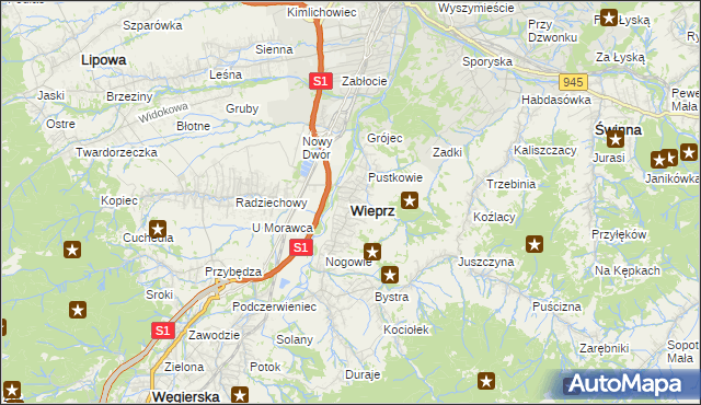 mapa Wieprz gmina Radziechowy-Wieprz, Wieprz gmina Radziechowy-Wieprz na mapie Targeo