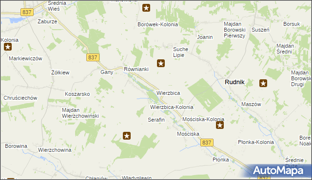 mapa Wierzbica gmina Rudnik, Wierzbica gmina Rudnik na mapie Targeo