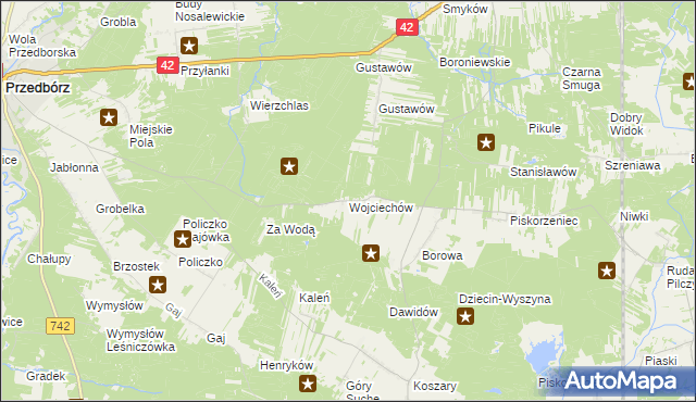 mapa Wojciechów gmina Przedbórz, Wojciechów gmina Przedbórz na mapie Targeo