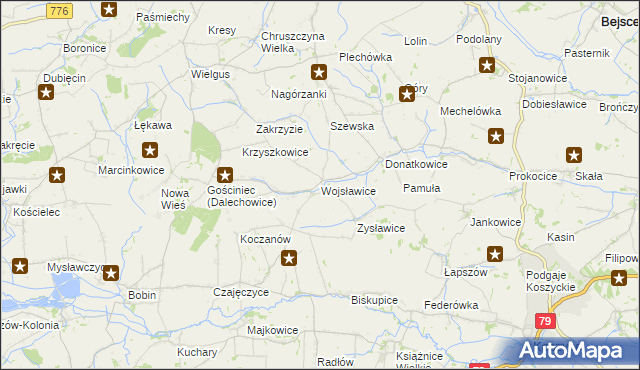 mapa Wojsławice gmina Kazimierza Wielka, Wojsławice gmina Kazimierza Wielka na mapie Targeo